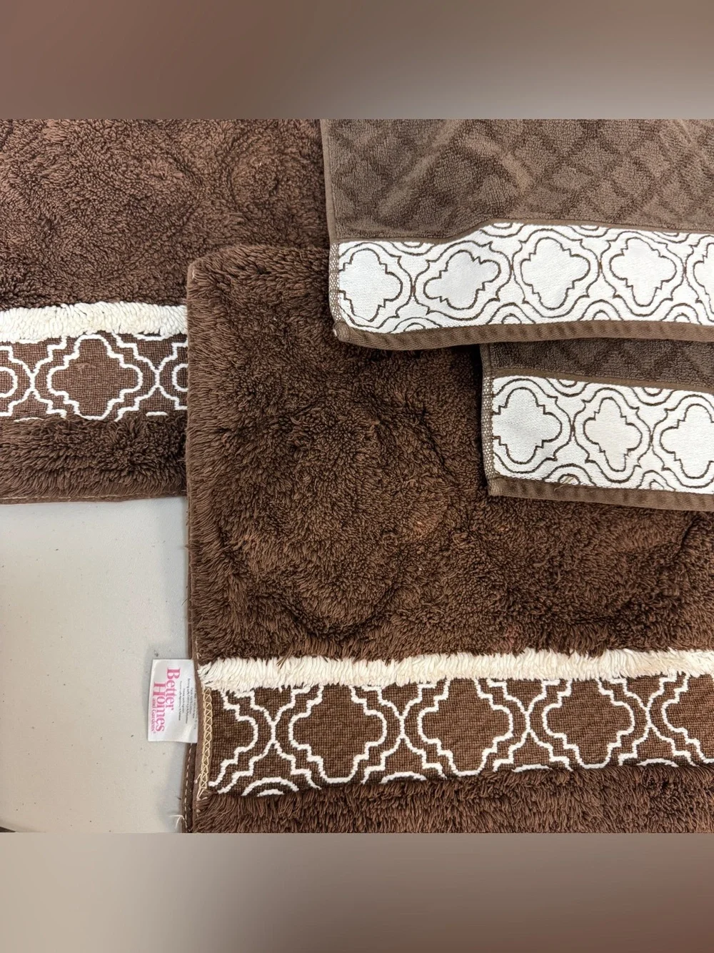 Bath Set Hand Towel Bath Mat Cotton 4 Piece Brown White Home Decor Damask Patter